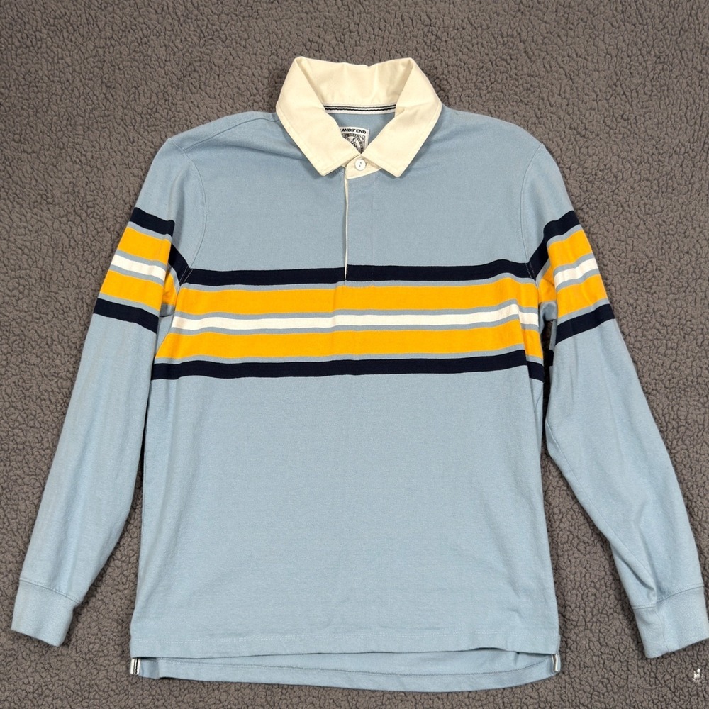 Vintage Lands End Rugby Polo Long Sleeve Shirt Large Mens  Yellow Blue Striped